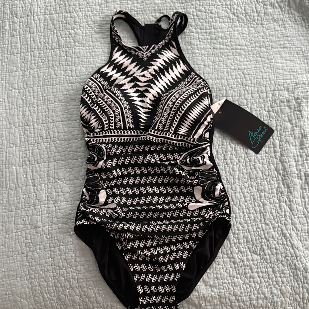 Aqua Green Black and White Swimsuit